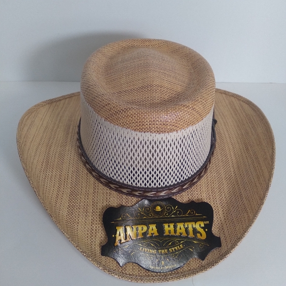 ANPA Handmade Men's  Brown/Tan Braided Leather Band Breathable Panama Style Hat - Picture 2 of 7